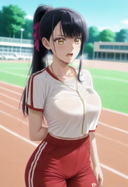 score_9, score_8_up, score_7_up, score_6_up, detailed, 1girl, solo, source_anime, highres, 4k, schoolbuilding in background,WilliamsAlicia<lora:WilliamsAlicia>, (black hair), long hair, 20yo, golden eyes, jewelry,necklace, ribbon, hair ribbon, williamsalicia, alicia, Villainess, large breasts, ponytail,track and field clothes, track, sport, sweat, hot sun, out of breath, fullbody, blurry background, ,tight clothes, open mouth, full body, towel, red school sport clothes, sneakers