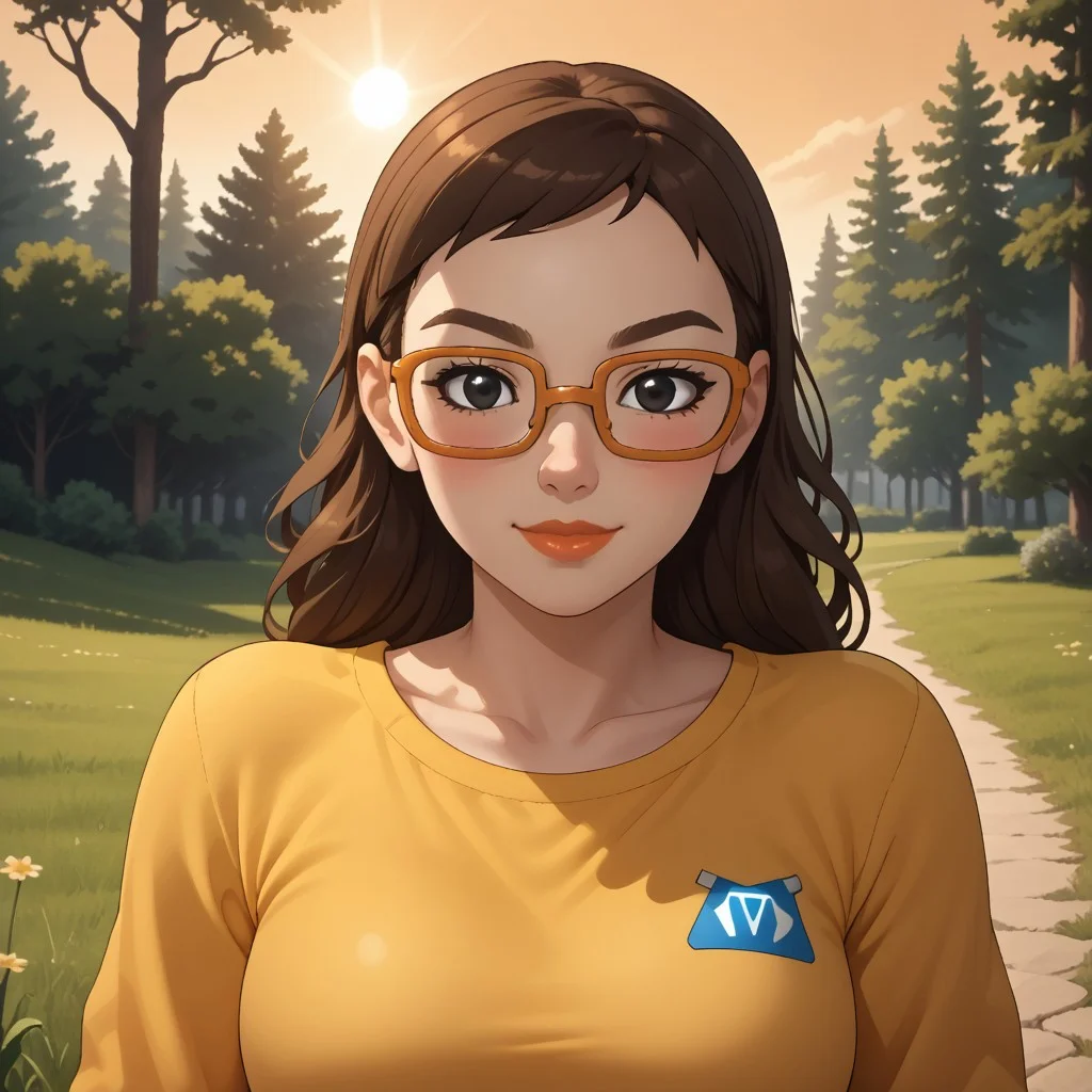 score_9, score_8, BREAK, solo, wii, mii, wii sports, 1girl, female mii, brown hair, orange glasses, black eyes, brown eyebrows, blush, lips, yellow clothing, white pants, cute, shoes, nintendo mii, modern_mii, classic_mii, breasts, Asami_(Wii_Sports), sexy pose, self portrait, smile, outdoors, sunlight, shadows, evening lighting, natural lighting, forest, trees, grass, orange sky, sunset