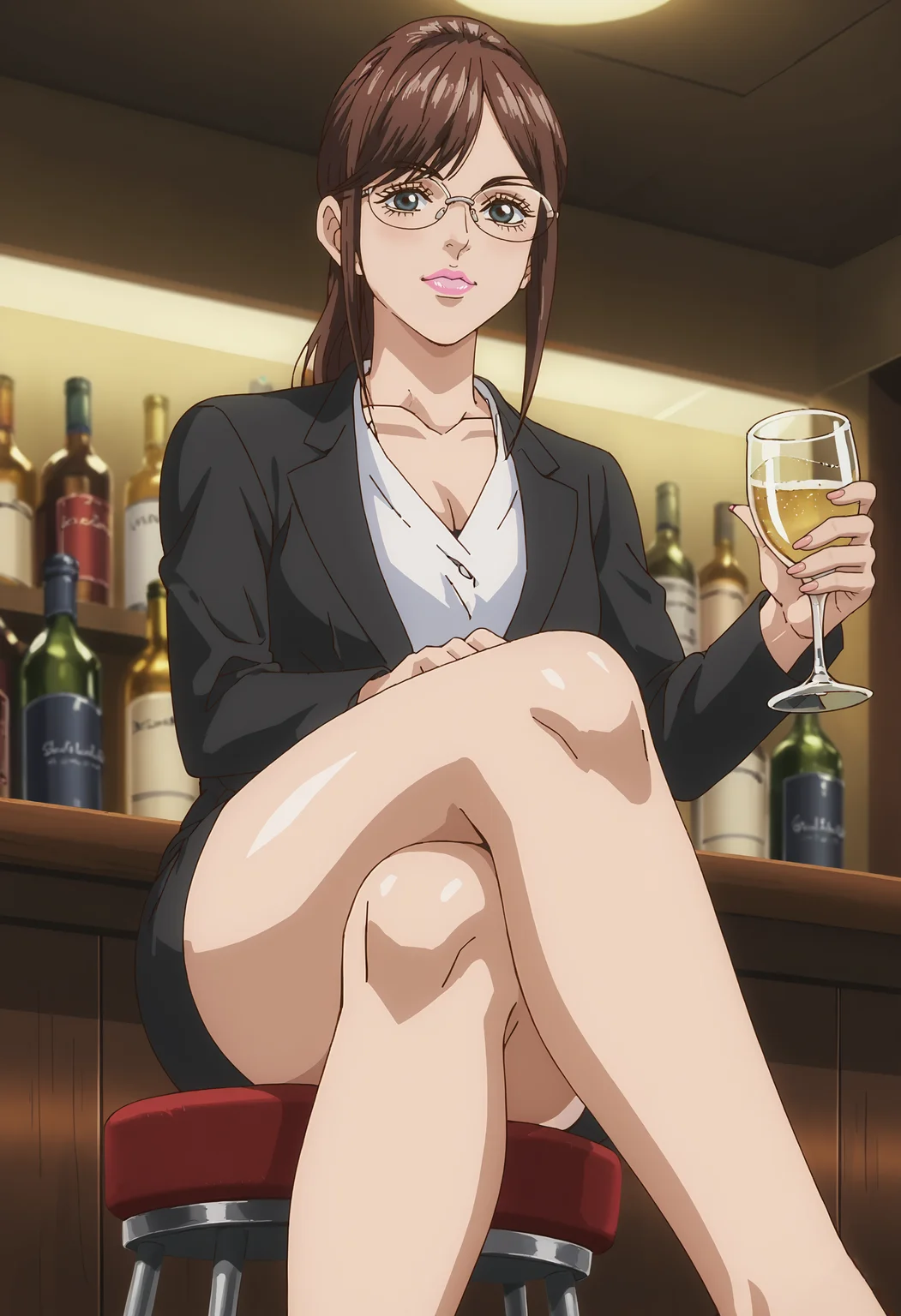 <lora:PonyScores7:1> anime coloring, source_anime, rating_safe, uncensored BREAK
masterpiece, best quality, very aesthetic, absurdres, anime screencap BREAK
<lora:Trillion_Game_-_Mizuki:1> trillionmizukiadult, brown hair, parted bangs, ponytail, blue eyes, glasses, rimless eyewear, pink lipstick BREAK
office lady, black jacket, white shirt, black pencil skirt BREAK
bar_(place), dim lighting, bar stool BREAK
sitting, crossed legs, holding glass, drunk, blushing, (hand_on_own_knee, dutch angle, low angle shot:1.2), looking at viewer, clear nail polish