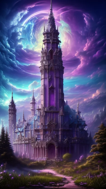Gothic style,
neonpunk style,
ethereal fantasy concept art of
Masterwork Painting, Magnum Opus,
<lora:Wizard_Tower:0.75> witow, castle, cloud, cloudy sky, grass, no humans, scenery, sky, tower, tree, <lora:Fantasy_Mountains:0.75> fanmou, footprints, forest, grass, nature, no humans, outdoors, sky, tree,
highres, 8k, uhd, High Dynamic Range, tonemapping, crisp details, intricate details, fine details,
. magnificent, celestial, ethereal, painterly, epic, majestic, magical, fantasy art, cover art, dreamy,
. cyberpunk, vaporwave, neon, vibes, vibrant, stunningly beautiful, crisp, detailed, sleek, ultramodern, magenta highlights, dark purple shadows, high contrast, cinematic, ultra detailed, intricate, professional,
. Dark, mysterious, haunting, dramatic, ornate, detailed