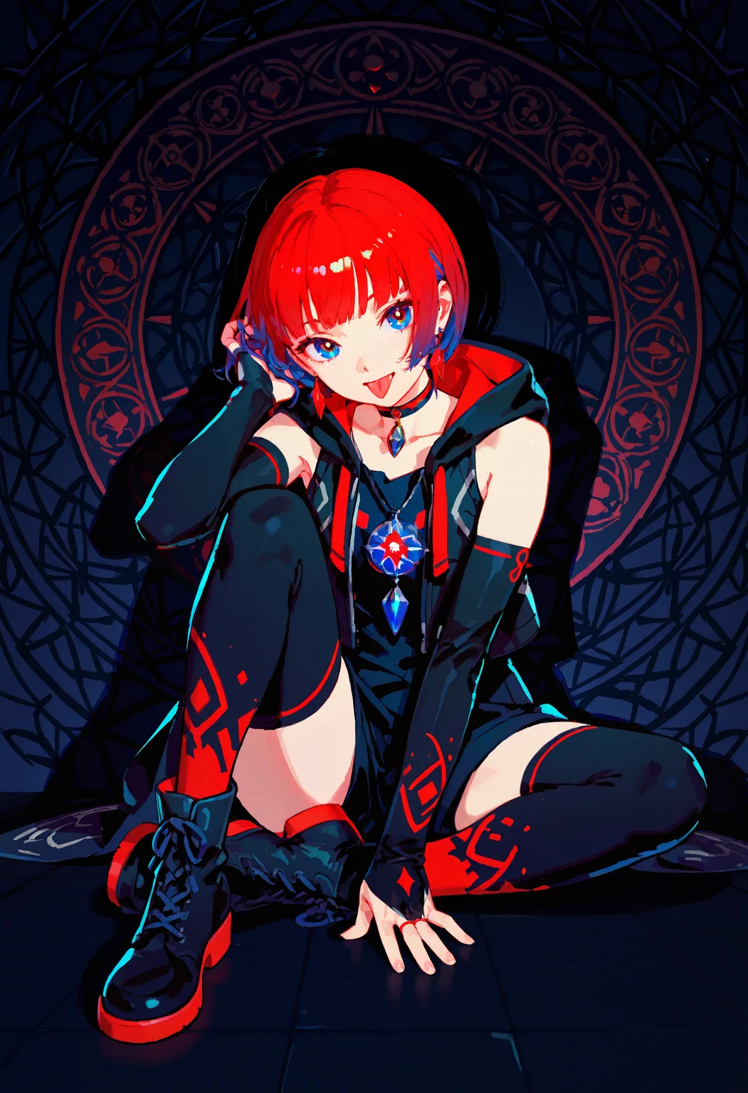 (best quality, good quality, newest, recent, messy_linework, thick_outlines, flat_colors, black_outline, drop_shadow, shadows, anime_coloring, painterly, digital_painting_\(artwork\))
CRVT-Illu, dark_theme, black_theme, kamitsubaki_studio
rim_(kamitsubaki_studio) 1girl adjusting_hair ankle_boots black_shirt blue_eyes blue_hair blunt_bangs bob_cut boots bridal_gauntlets collarbone detached_sleeves earrings floating_earring full_body hair_spread_out hood hood_down hooded_jacket jacket jewelry knee_up long_hair looking_at_viewer multicolored_boots multicolored_hair on_floor patterned_background pendant_choker perspective red_hair red_thighhighs shadow shirt sitting sleeveless sleeveless_jacket sleeveless_shirt solo thighhighs tongue tongue_out two-tone_boots two-tone_hair very_long_hair virtual_youtuber)