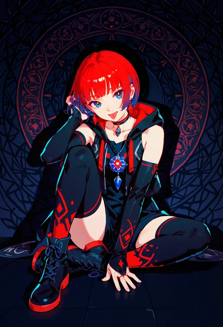 (best quality, good quality, newest, recent, messy_linework, thick_outlines, flat_colors, black_outline, drop_shadow, shadows, anime_coloring, painterly, digital_painting_\(artwork\))
CRVT-Illu, dark_theme, black_theme, kamitsubaki_studio
rim_(kamitsubaki_studio) 1girl adjusting_hair ankle_boots black_shirt blue_eyes blue_hair blunt_bangs bob_cut boots bridal_gauntlets collarbone detached_sleeves earrings floating_earring full_body hair_spread_out hood hood_down hooded_jacket jacket jewelry knee_up long_hair looking_at_viewer multicolored_boots multicolored_hair on_floor patterned_background pendant_choker perspective red_hair red_thighhighs shadow shirt sitting sleeveless sleeveless_jacket sleeveless_shirt solo thighhighs tongue tongue_out two-tone_boots two-tone_hair very_long_hair virtual_youtuber)