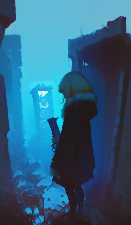 masterpiece, best quality, very aesthetic, dynamic composition, sketch, traditional media, abstract, abstract background, painting \(medium\), no lineart, mutsu_(kancolle),judging expression,Standing, 1girl, ruins, solo, chromatic aberration, building, from behind, fur trim, outdoors, standing, post-apocalypse, jacket, holding, overgrown, rubble, coat, gun, facing away, pantyhose, hood, hood down, city, long sleeves, weapon, [blue theme:0.5], holding gun