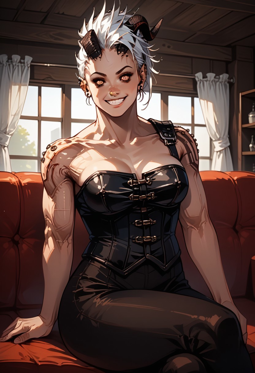 explicit muscular female, wears corset, [(noi:1.2)::(karlach:0.7)] OR [(karlach:0.7)::(noi:1.2)], sitting crosslegged, dummy smile, cheerful silly tomboy, white hair, [engine overheat::tiefling], heavy piercings on 2shoulder