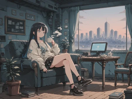 masterpiece, best quality, very aesthetic, absurdres, detailed background,  (solo:1.6), 
shadows, twilight, soft theme, 
1girl, thin,  very long hair, wolf_cut, parted_bangs, colorful hair, dark Royal Blue hair, dark black hair, unusual pupils, dark Steel Blue eyes,         flat chest, pointed shoes,   , 
sitting, crossed legs,  smoke, leaning back, 
 multicolored clothes, colored clothing edges, 
Turquoise clothes, flower print,   
mesh casual Sweatshirt,   Button-down skirt,
baggy clothes, oversized clothes,  
living room, table, window, curtains, chair, computer, panels, metal walls, clutter, machinery, suede couch, sci-fi, wooden floor, cozy room, cityscape, potted plant, cup, selves, books, book shelve, 
 <lora:S4bit4mago:0.8> S4bit4mago_illu, <lora:anime_screencap:0.6>  <lora:OldAnimeStyle_XL_v3:0.4> Vintage, 1990s \(style\) <lora:- iLL - the_edgy_mech_V3.0:0.4> <lora:StS-Illustrious-Detail-Slider-v1.0:2> <lora:add-detail-xl:2> <lora:LineArt Mono Style LoRA_Pony XL v6:0.9> flat color,  <lora:Beatrix_Potter_Style_illustrious:0.3> Bpstyle <lora:Amberline1.0:0.5> cel-shading, illustration <lora:DetailedPerfect_hands_r1:1>