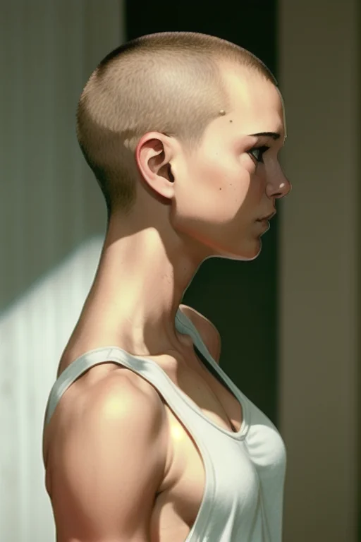 <lora:womanbuzzcut:0.9>, womanbuzzcut, photo of a pretty woman with shaved head , white tanktop, sideboob , profile