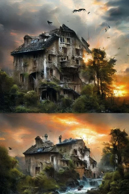 RAW photo, (masterpiece:1.3), subsurface scattering, heavy shadow, (high quality:1.4), (intricate, high detail:1.2), professional photography, HDR, High Dynamic Range, realistic, ultra realistic, photorealistic, high resolution, film photography, ambient lighting, atmospheric effects, <lora:detail_slider_v4:2>, OverallDetail, DarkFantasy,
creepy watermill surrounded by trees, birds of prey, pack of dogs, cloudy sky, thunder storm, evilrealm, moon, no humans, outdoors, scenery, sunset, epiCPhoto