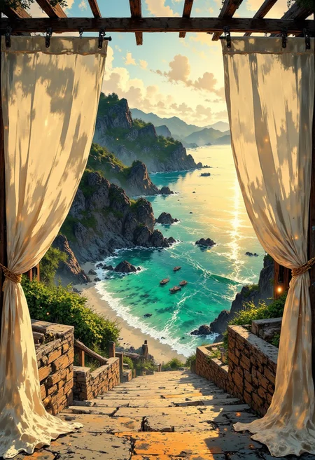 Santorini Cliffside Beach – Sheer White Curtain
"A breathtaking view of a hidden cove in Santorini, Greece, where turquoise waters meet white sand beneath towering cliffs. A sheer white curtain billows gently in the warm breeze from a pergola-covered terrace, framing the deep blue Aegean Sea. The golden hues of the sunset reflect on the smooth stone pathways leading to the secluded beach, while small fishing boats float lazily in the distance."
