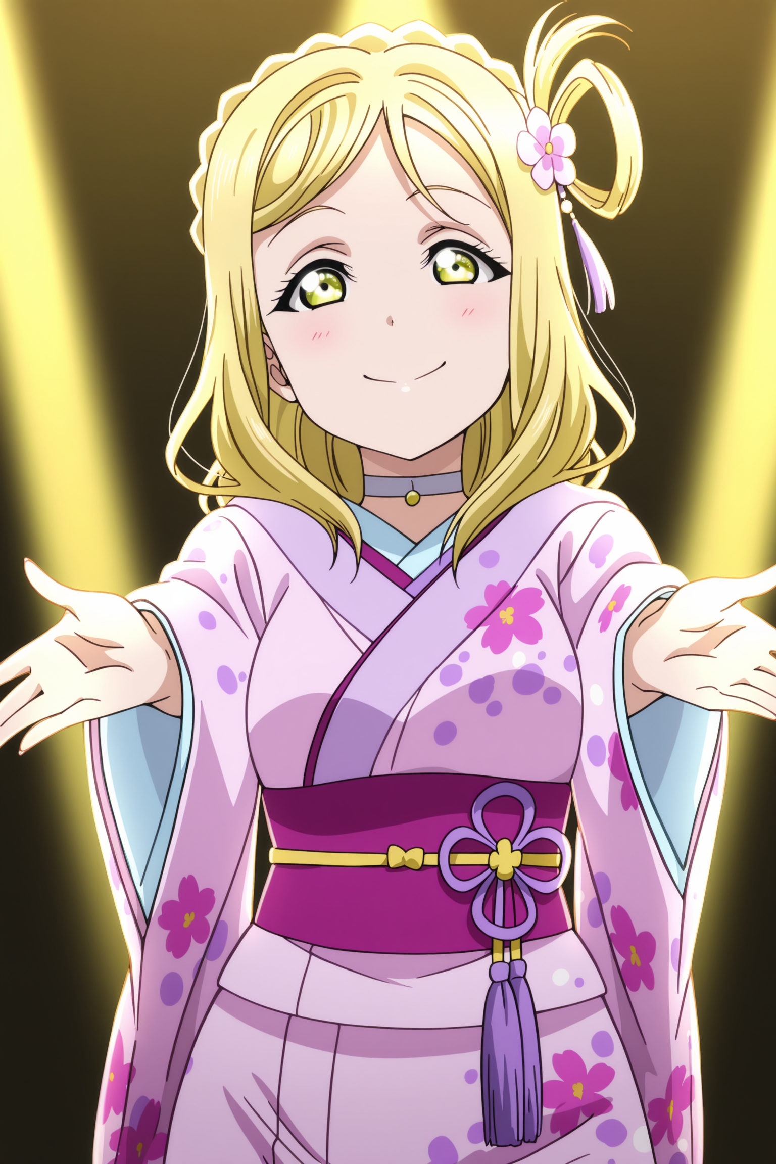 anime screencap, anime coloring, detailed face, masterpiece, best quality, very aesthetic, absurdres, volumetric lighting, 
 <lora:Mari_Ohara_All_outfits_from_the_Love_Live_Sunshine_anime_series_-_Illustrious:1>
ohara mari, 1girl, 18 year old girl, solo, blonde hair, crown braid, hair rings, braid, yellow eyes, big eyes, expressive eyes, happy girl, smile, looking at the viewer, girl facing the viewer, dancing girl,
on a bright concert stage, girl is striking a cute pose, spotlights, expressive girl,
Floral kimono, Japanese clothes, floral print, sash, obi hair ornament, hair flower, choker, cowboy shot,