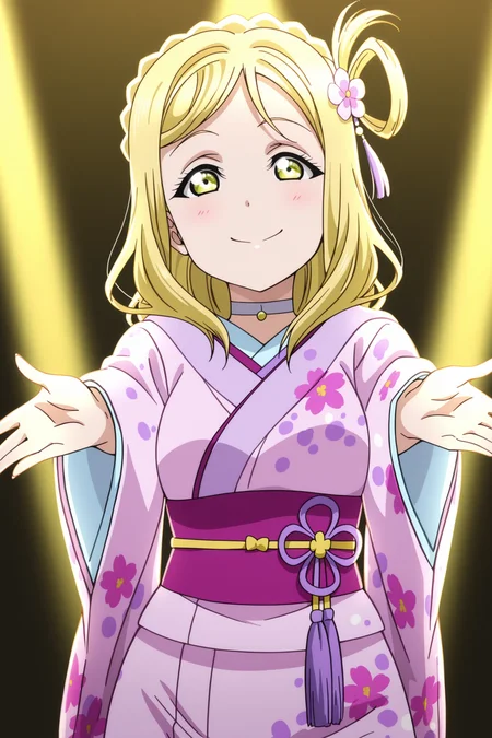 anime screencap, anime coloring, detailed face, masterpiece, best quality, very aesthetic, absurdres, volumetric lighting, 
 <lora:Mari_Ohara_All_outfits_from_the_Love_Live_Sunshine_anime_series_-_Illustrious:1>
ohara mari, 1girl, 18 year old girl, solo, blonde hair, crown braid, hair rings, braid, yellow eyes, big eyes, expressive eyes, happy girl, smile, looking at the viewer, girl facing the viewer, dancing girl,
on a bright concert stage, girl is striking a cute pose, spotlights, expressive girl,
Floral kimono, Japanese clothes, floral print, sash, obi hair ornament, hair flower, choker, cowboy shot,