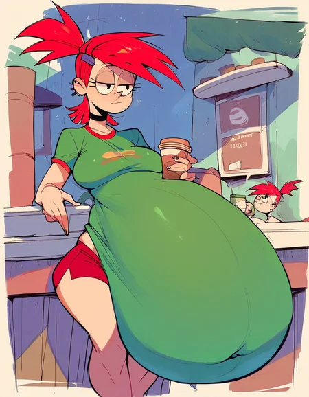 frankie foster from Foster's Home for Imaginary Friends holding a cup of coffee in a coffee shop, (bellysag:1.2), huge belly, score_9, score_8_up, score_7_up, score_6_up, score_5_up, score_4_up <lora:bellysag_v1-lr2e-4-2b-4ga-16dim--flip-nte-c_dim8-a8-c_a4-t_drp0.15-drp0.3-wgt_norm1-cosine-gammas-sdxlpony-000015-:1>
