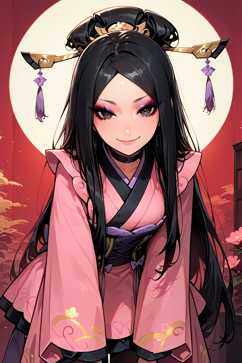 masterpiece, best quality, 1girl, solo, 21 year old model, eyelashes, (beautiful eyes),     ,,,zzValerie, long hair, black hair, black eyes, parted bangs, eyeshadow, hair ornament, black pantyhose, choker, dress, furisode, japanese clothes, kimono, long sleeves, , smile, looking at viewer,  <lora:ValeriePokemonIXL:1.0>,,,solo, (beautiful eyes), beautiful lips, upper body, leaning forward, portrait, smile, looking at viewer, <lora:CyberPerfectionIXL:1.0>,
