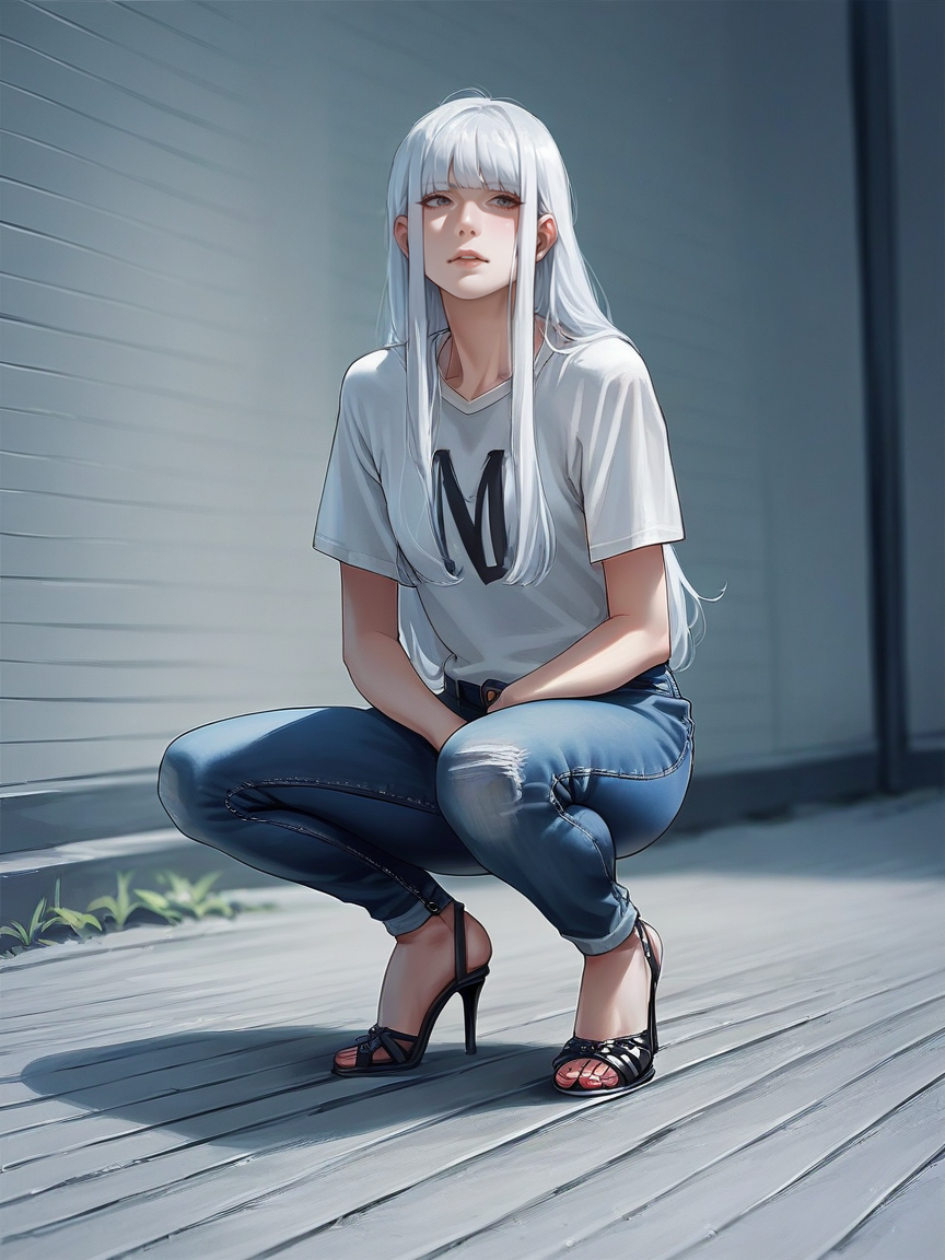 score_9, score_8_up, score_7_up, score_6_up, score_5_up,  <lora:n1nj4squatXLP:0.8> n1nj4 squat, solo, 1girl, source_anime, jeans, t-shirt, long hair, high heels,