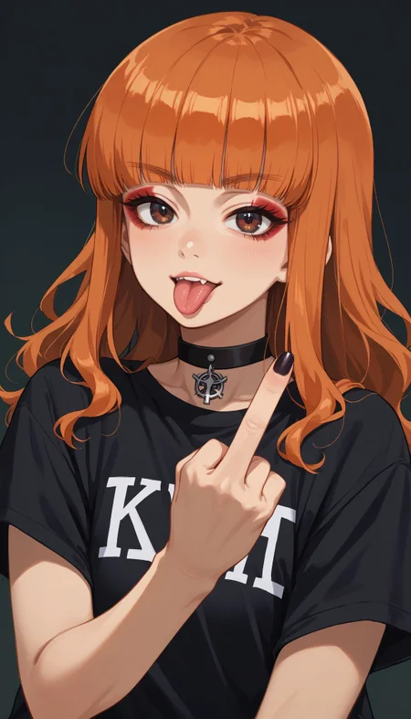 score_9, score_8_up, score_7_up, source_anime,
<lora:Takebe Saori:1> takebe saori, blunt bangs, long hair, orange hair, black shirt, t-shirt, black choker, goth, eyeliner, eyeshadow double middle finger, tongue out,