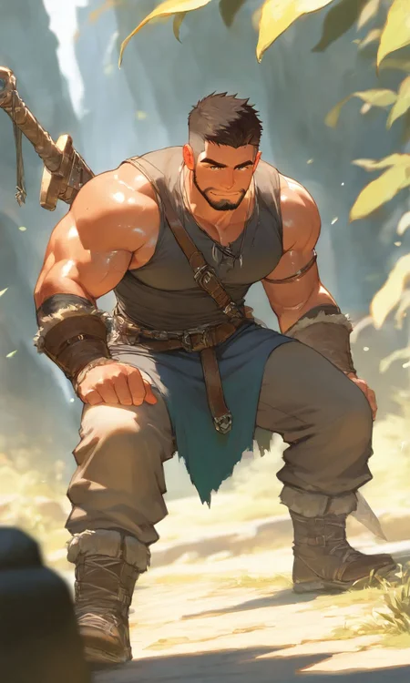 (masterpiece, best quality, high quality, absurdres, high detail), (1boy, mature male, muscular, ) (gay:1.2), bara, toned, fantasy, very short hair, tan, sleeveless, outdoors, trending on artstation, perfect perspective, depth of field<lora:NoobMale:1>