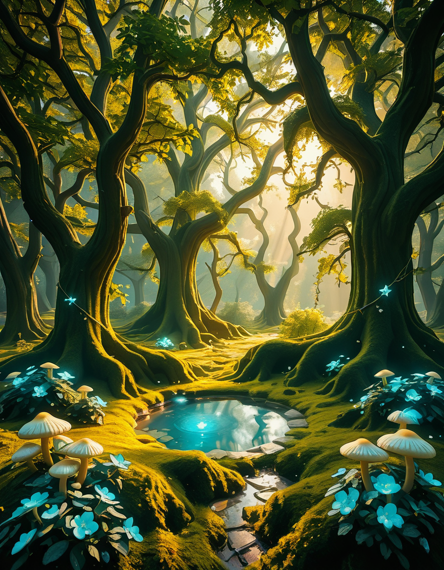A mystical enchanted forest bathed in a soft, ethereal glow. Towering ancient trees with twisted roots and bioluminescent moss create a dreamlike atmosphere. The air is filled with a faint, magical mist that swirls gently around vibrant, oversized mushrooms and glowing blue and purple flowers. Delicate fireflies and tiny floating orbs of light hover in the air, illuminating the dense foliage with a magical shimmer. A narrow, winding path covered in soft moss leads deeper into the mysterious woodland, where faint beams of golden sunlight filter through the thick canopy, casting intricate patterns on the forest floor. The colors are rich and vibrant, with deep emerald greens, soft blues, and glowing purples creating a surreal and otherworldly ambiance. The scene is highly detailed and photorealistic, capturing the textures of the moss-covered tree trunks, the luminescent flora, and the misty, dreamlike atmosphere of the enchanted forest.
<lora:SDXLFaeTastic2400:0.4> <lora:extremely_detailed:0.4> extremely detailed,<lora:3nch4nt3d_f0r3st-ill:1>,3nch4nt3d f0r3st, Masterpiece,best quality,hi res,8k,hi res,8k,award winning,(sharp focus, intricate, highly detailed),