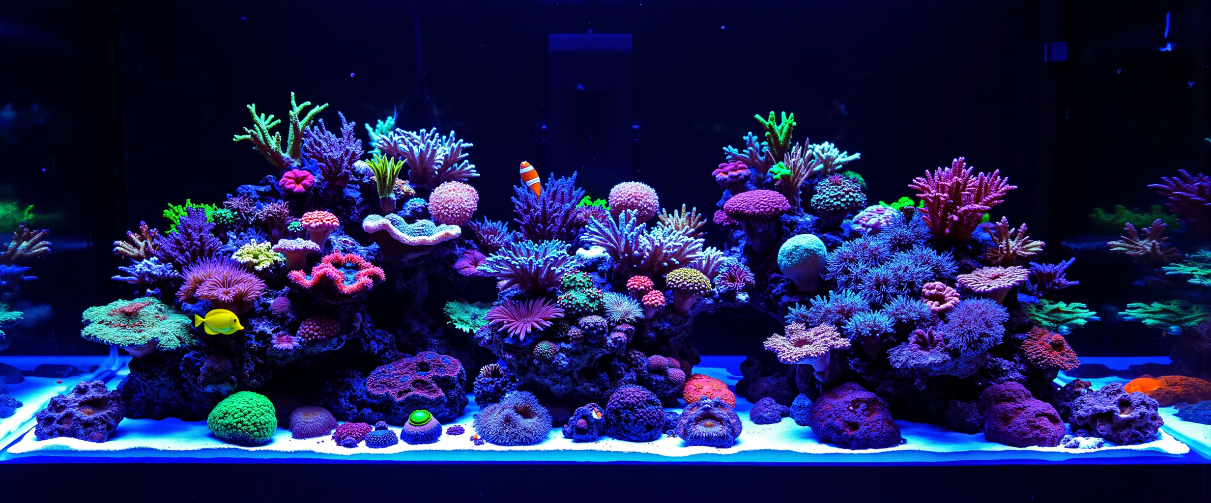 Create a saltwater reef tank aquarium from a distance, showcasing a variety of colorful corals and marine life. The tank should be illuminated with blue and purple LED lights, enhancing the vivid colors of the corals. Include a diverse array of coral species, such as soft corals, LPS, and SPS, arranged in a naturalistic layout. Add several tropical fish swimming among the corals, including a yellow tang and clownfish. The background should be dark to emphasize the glowing colors of the aquarium. Ensure the tank is well-maintained, with clear water and visible substrate.<lora:General Flux\saltwater-reef-tank.safetensors:1.0:1.0>