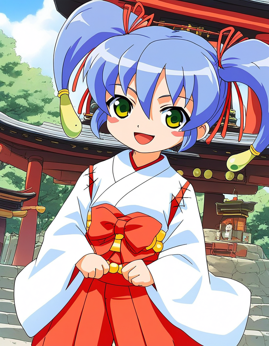 score_9, score_8_up, score_7_up, source_anime, rating_explicit, BREAK  <lora:Nazuna_OnmyouTaisenki_XL:1> Nazuna, blue hair, solo, green eyes, blush stickers, twintails, hair ribbon, flat chest, miko,  short stack,
japanese clothes, red hakama, red bow,  long sleeves, Yellow prayer beads, wide sleeves, kimono, 
smile, open mouth,
looking at viewer, 
cowboy_Shot,
shrine, outdoor,