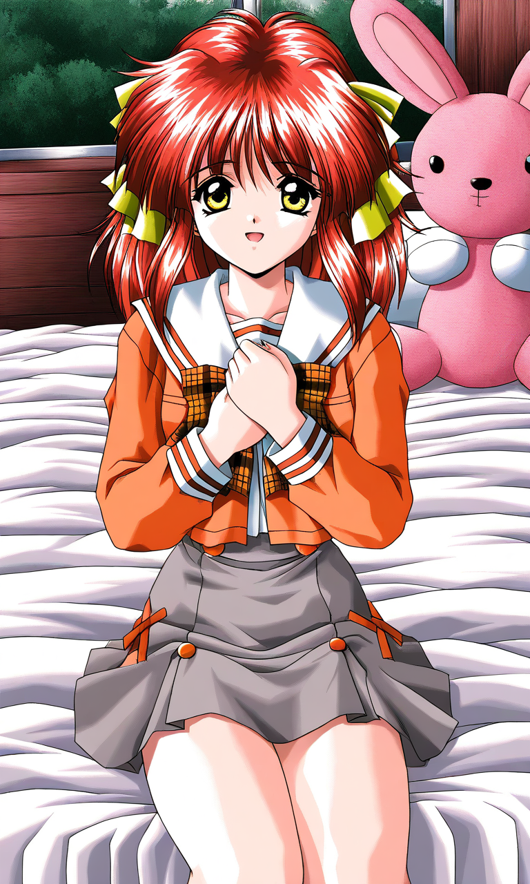 general,highres, ultra-detailed,very aesthetic,best quality ,best hands, BREAK <lora:Kisaragi_Hina_Akumu_AoiKajitsunoSange_IS:1>
Kisaragi_Hina, 1girl, solo, red hair,  medium hair, yellow eyes, hair ribbon, small breasts,
rabbit, stuffed toy, open mouth, short,
light smile, orange school uniform, ribbon, white+gray skirt, outdoors,hands on own chest,, check skirt, plaid bow, long sleeves, serafuku, 
bed room, sheet, bed,