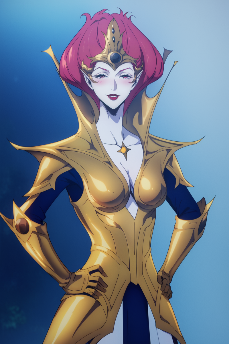 score_9, score_8_up, score_7_up, score_6_up, score_5_up, score_4_up, flat color, source_anime, 2d, BREAK. 
blush, looking at viewer, seductive smile, BREAK.
standing, contrapposto, hands on own hips, cowboy shot, BREAK.
gold armor, cleavage, crown, brooch, yellow gem, BREAK.
<lora:ErzsebetBáthory_v1:1.2>, 1girl, solo, vampire, pale skin, white skin, pointy ears, fangs, red eyes, red hair, short hair,