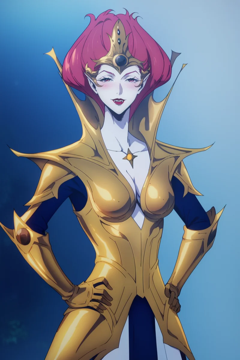 score_9, score_8_up, score_7_up, score_6_up, score_5_up, score_4_up, flat color, source_anime, 2d, BREAK.
blush, looking at viewer, seductive smile, BREAK.
standing, contrapposto, hands on own hips, cowboy shot, BREAK.
gold armor, cleavage, crown, brooch, yellow gem, BREAK.
<lora:ErzsebetBáthory_v1:1.2>, 1girl, solo, vampire, pale skin, white skin, pointy ears, fangs, red eyes, red hair, short hair,