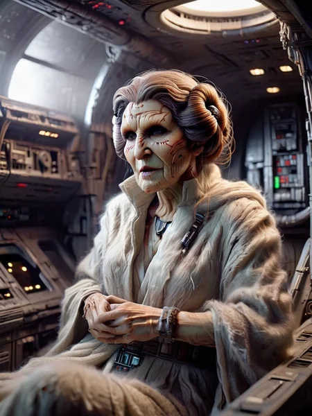 full body shot, Princess Leia sitting in the millenium falcon from star wars made out of ral-wtchz <lora:ral-wtchz:1>