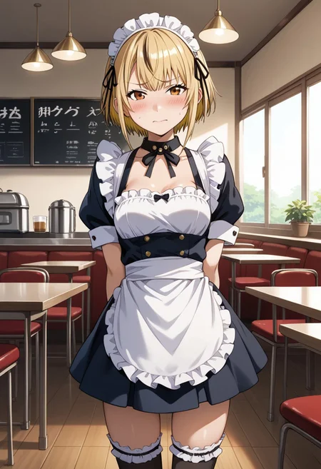 score_9, score_8_up, score_7_up, source_anime,masterpiece,best quality,highres,absurdres,official art,official style,source_anime,anime screencap,anime coloring,megami magazine,anime,animated,zPDXL2,skin highlights, (1girl,solo,looking at viewer), Futaba_Kon, blonde hair, maid, maid headdress, thighhighs, short skirt, cafe, indoors, (blush), embarrassed, standing, arms behind back,
