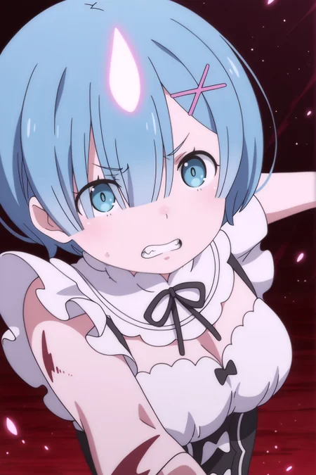 <lora:Rem:0.8> rem (re:zero), 1girl, blue hair, blue eyes, x-shaped hair clip, demon form, glowing horn, determined expression, frilled collar, white and purple dress, dark background, pink glow, transformation, blood splatter, burned arm, reaching out, intense lighting, red particles, battle scene, blood on arm, gritted teeth