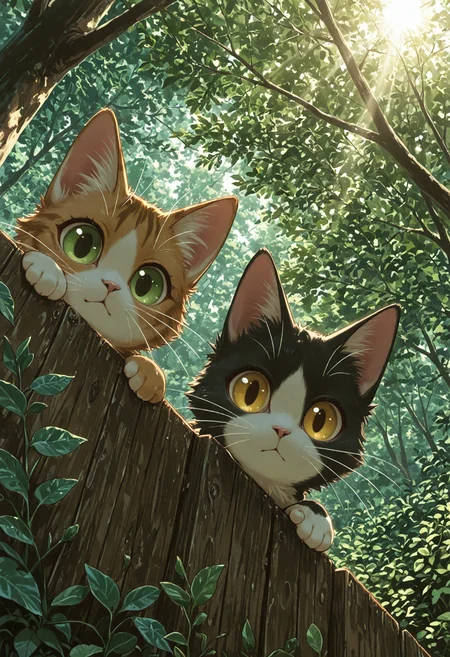 nu humans, animals, tabby cat, green eyes, split-color cat, white fur, black fur, yellow eyes, detailed eyes, whiskers, over the fence, wooden fence, trees, plants, bush, sunlight, sun rays, light rays, looking at viewer, peeking out, peeking out, from below,
masterpiece, amazing quality, best quality, scenery, anime coloring