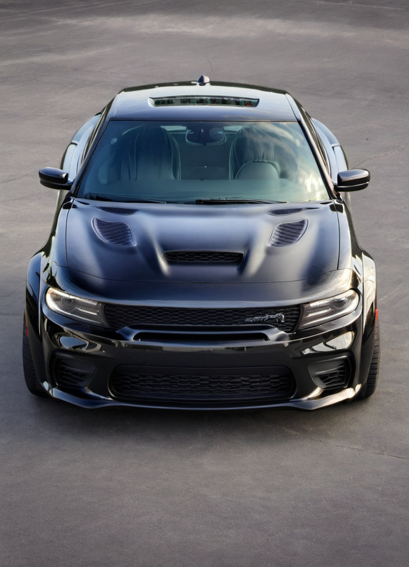 black chargerhellcatsrt, parked, front view,
 <lora:ChargerHellcatSDXL:1>