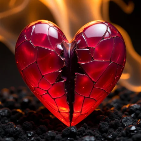 Close-up shot of a red shattered glass heart, bisected along its central axis, revealing a dark, ominous core. Soft, golden light pours down from above, bathing the scene in a warm, ethereal glow. The surrounding environment is a blurred haze of black lava and ash, adding depth and mystery to the composition. The level of detail is meticulous, with each shard of glass and every texture rendered in high definition.