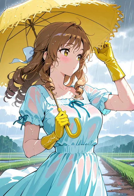 masterpiece, best quality, amazing quality, girl, brown hair, portrait shot, long hair, ringlets hair, medium breasts, 8k, highest quality, ultra details,1girl, solo, 
Southern Belle, (green:1.4) hoop dress, cinched waist, short sleeves, white
 hair bow, yellow hair ribbons, yellow wide brim straw hat, medium breasts, yellow silk gloves, blush, looking to the side,  strong wind, hair blowing in the wind, holding a parasol, holding down hat with hand, wet hair, wet dress, wet skin, dress blowing in the wind, rainy day, heavy rain, muddy, summer season,sprinting, on a rural path, Mississippi river background, fluffy white clouds, outdoors, pastel colors, warm lighting, from the behind