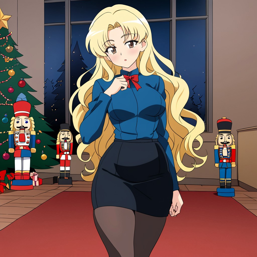 sfw, score_5_up, (best_quality:1.0), score_9, score_8_up, anime coloring, solo, medium breasts, wide hips, big hips, toned thighs, parted lips, solo, anime coloring,(brown eyes), black eyeliner, eyelashes, (long, blonde hair, long hair, curly), blush, (perfect face), milf, slender, big breasts, nutcracker, Black Pencil skirt, pantyhose, blue jacket, 1990s_(style), retro style, living room, night, christmas tree, christmas ornaments, red carpet