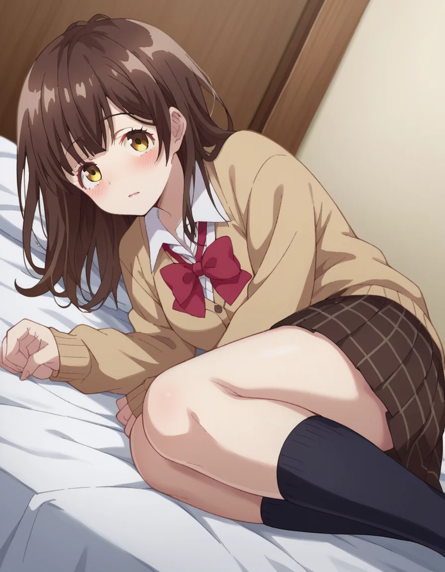 score_9, score_8_up, score_7_up, source_anime,
sayuogiwara, <lora:sayu-ogiwara-s1-ponyxl-lora-nochekaiser:1>,
sayu ogiwara, long hair, bangs, brown hair, yellow eyes,
skirt, shirt, long sleeves, bow, school uniform, white shirt, pleated skirt, socks, collared shirt, bowtie, red bow, sweater, plaid, plaid skirt, cardigan, black socks, red bowtie,
indoors, bed, bed room, on side, blush, drunk,
looking at viewer, dutch angle,