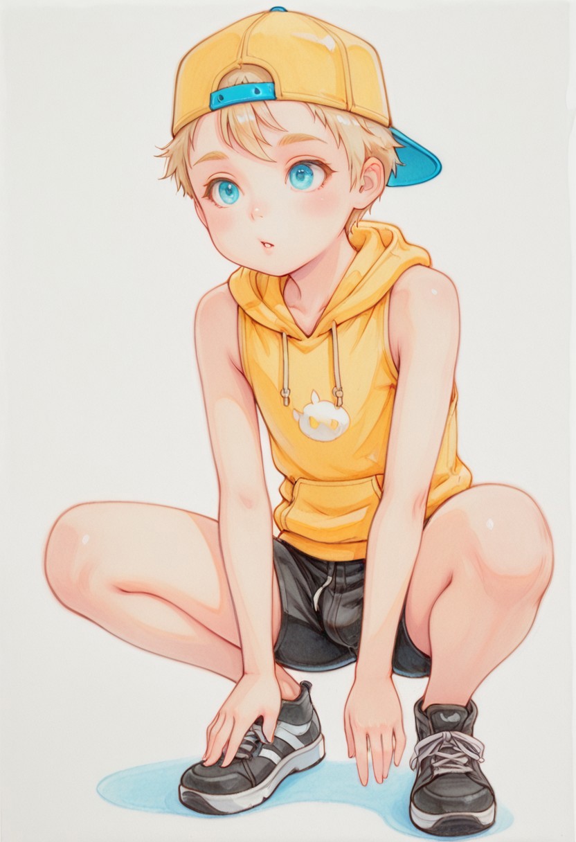 highly detailed, traditional media, 1boy, femboy, crouching, backwards cap, sleeveless hoodie, shorts