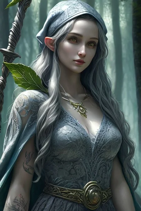 RAW photo, (masterpiece:1.3), subsurface scattering, heavy shadow, (high quality:1.4), (intricate, high detail:1.2), professional photography, HDR, High Dynamic Range, realistic, ultra realistic, photorealistic, high resolution, film photography, ambient lighting, atmospheric effects, <lora:detail_slider_v4:2>, OverallDetail, a female druid, middle-aged, tribal tattoos, Silver, beret, with a dog, leaves, holding a staff, FanDru, <lora:FantasyDruid-10:1>, <lora:zoom_slider_v1:1>, in a radiant enchanted forest, style-sylvamagic, <lora:FeyAndFairies:0.5>, FeyFa, epiCPhoto