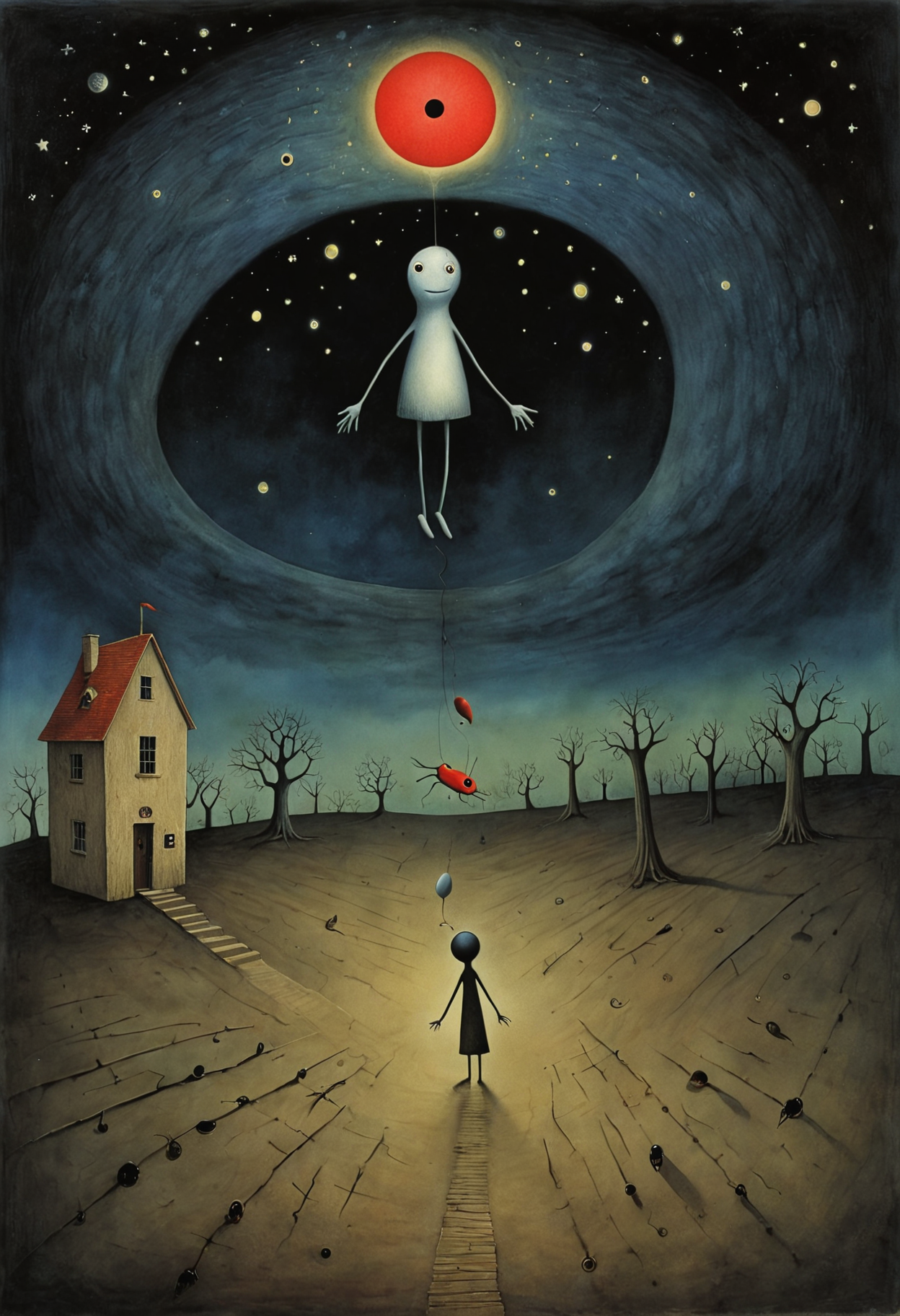 Surreal horror style by Pawel Kuczynski and Joan Miro and Bridget Bate Tichenor and Arthur Secunda, surreal abstract art, childhood astral projection, abstract anthropomorphic paradox midnight, weirdcore, depth of field, unsettling, asymmetric abstractions, surreal masterpiece, juxtaposition of the uncanny and the banal, sharp focus, creepy, never before seen art of beyond, dark oil watercolor <lora:WildcardX-XL-Detail-Enhancer:1>