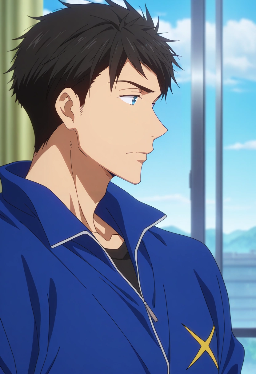 masterpiece, best quality, , anime screencap, anime coloring, , , 1boy, solo, male focus, <lora:sousuke_yamazaki_ilxl:0.94>, sousuke_yamazaki, black hair, blue eyes, short hair, ,