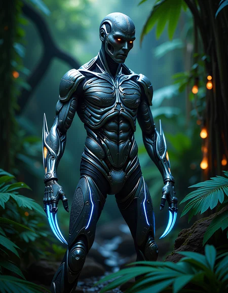 a humanoid figure with bioluminescent tattoos and a biopunk style exoskeleton made from a lattice of gleaming silver and pulsing, fiber-optic tendrils, wielding a pair of razor-sharp, surgically implanted claws, in a futuristic jungle, <lora:flux/Realism 2.safetensors:1.0>, <lora:flux_trainer/moxiePunk_v3.safetensors:1.0>,