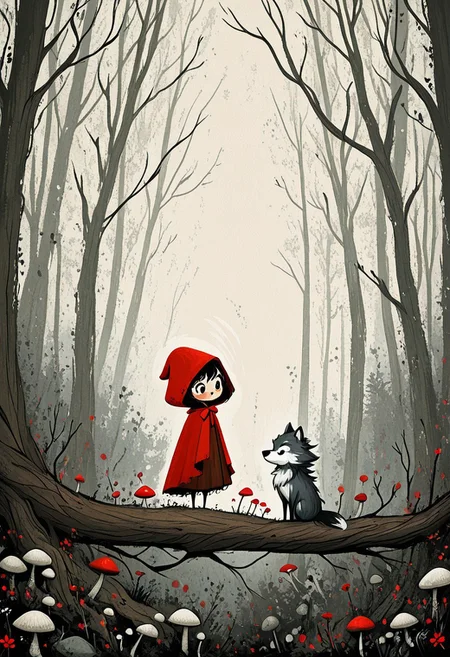 Little Red Riding Hood illustration, fairy tale art, cute girl with big eyes wearing red hooded cape, flowing red cape with wavy ribbon-like texture, grey wolf hiding behind tree, whimsical style, red owl in tree branch, winter forest, bare trees, small red flowers, mushrooms, soft muted colors, cream background, children's book illustration, folk tale, stylized art, digital art, flat color, decorative, magical forest scene, innocent expression, Japanese-inspired character design, layered composition, detailed vegetation, storybook aesthetic