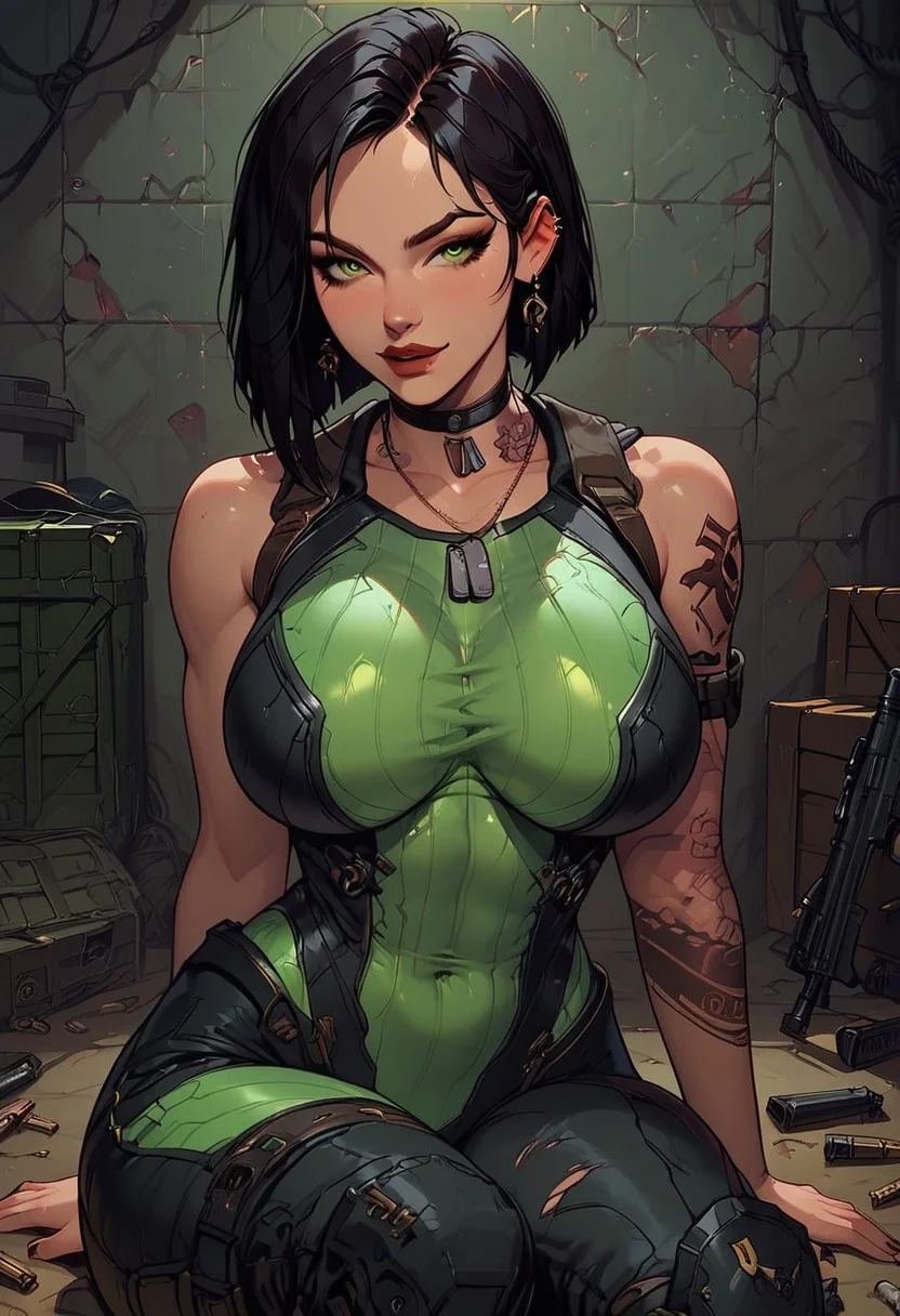 Score_9, Score8_up, Score_7_up, (((High Resolution, Best Quality))), 
1girl, Viper, Viper Valorant, solo, toned arms, sleeveless, Covered in Tattoos, neck tattoos, hair tied up, black hair, green highlight in hair,
futuristic, futuristic armor, neon green lights on bodysuit, armored suit, body armor, armor, plated armor, revealing bodysuit, tight bodysuit, tactical, military gear, pistol, pistol in hand, one hand up, 
Exposed hips, exposed ribs, holes ripped in suit,
huge breasts, choker, dog tags, ear piece, 
seducing, seductive, flirty, tender, loving, playful, looking at viewer, smug, 
Sitting on ground, leaning against wall, relaxed, leaning back, arm resting on knees, arm on knee,
inside, Military, military base, military barracks, cots, crates, military boxes, guns, bullets, supplies, armory,