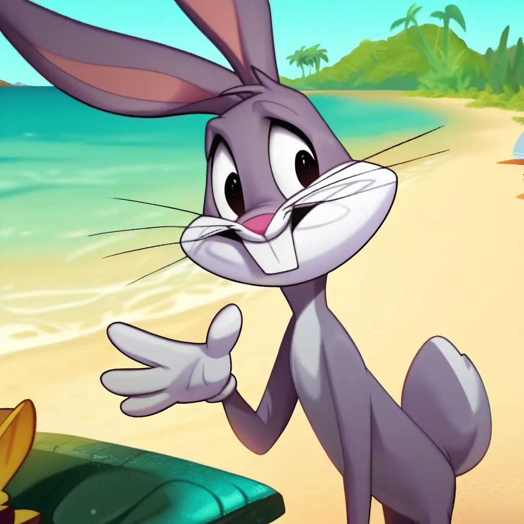 safe_pos, artwork, digital artwork, colourful source_e621, score_9, score_8_up, score_7_up, score_6_up, score_5_up, score_4_up, bugs bunny, rabbit, buckteeth, whiskers, rabbit tail, season 1, the looney tunes show, fullbody, smiling, waving hello, happy, detailed, detailed face, detailed eyes, detailed mouth, detailed teeth, detailed background, outdoors, outside, beach, clothed, excellent detail, perfect detail, perfect eyes, perfect face, perfect mouth, perfect teeth, animal, detailed fur, natural lighting,