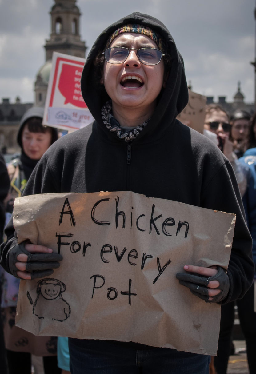 photo of a protestor wearing a black hoodie and jeads, angrily screaming, holding a sign with the text "A Chicken for every Pot" in stencil <lora:mobile-000081:1>