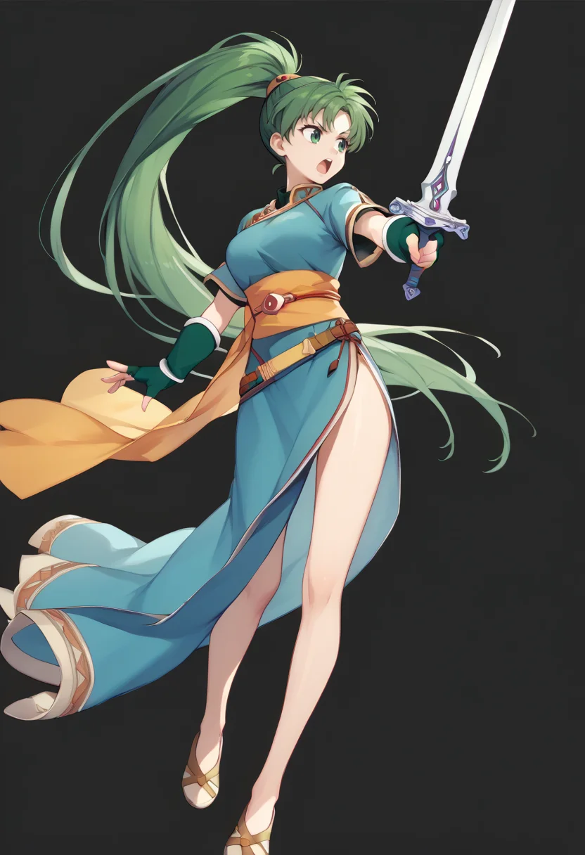 score_9, score_8_up, score_7_up, source_anime BREAK <lora:feh-style-richy-v1_pdxl:1> ffehatk, full body, standing, black background, simple background, holding, sword, open mouth, <lora:lyn-pdxl-nvwls-v1:1> defLyn, green hair, high ponytail, blue dress, short sleeves, sash, side slit, fingerless gloves, breasts, bare hips, bare legs