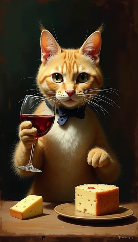 a elegant cat drinking a glass of wine, with cheese on the table, by Patrick Dougherty