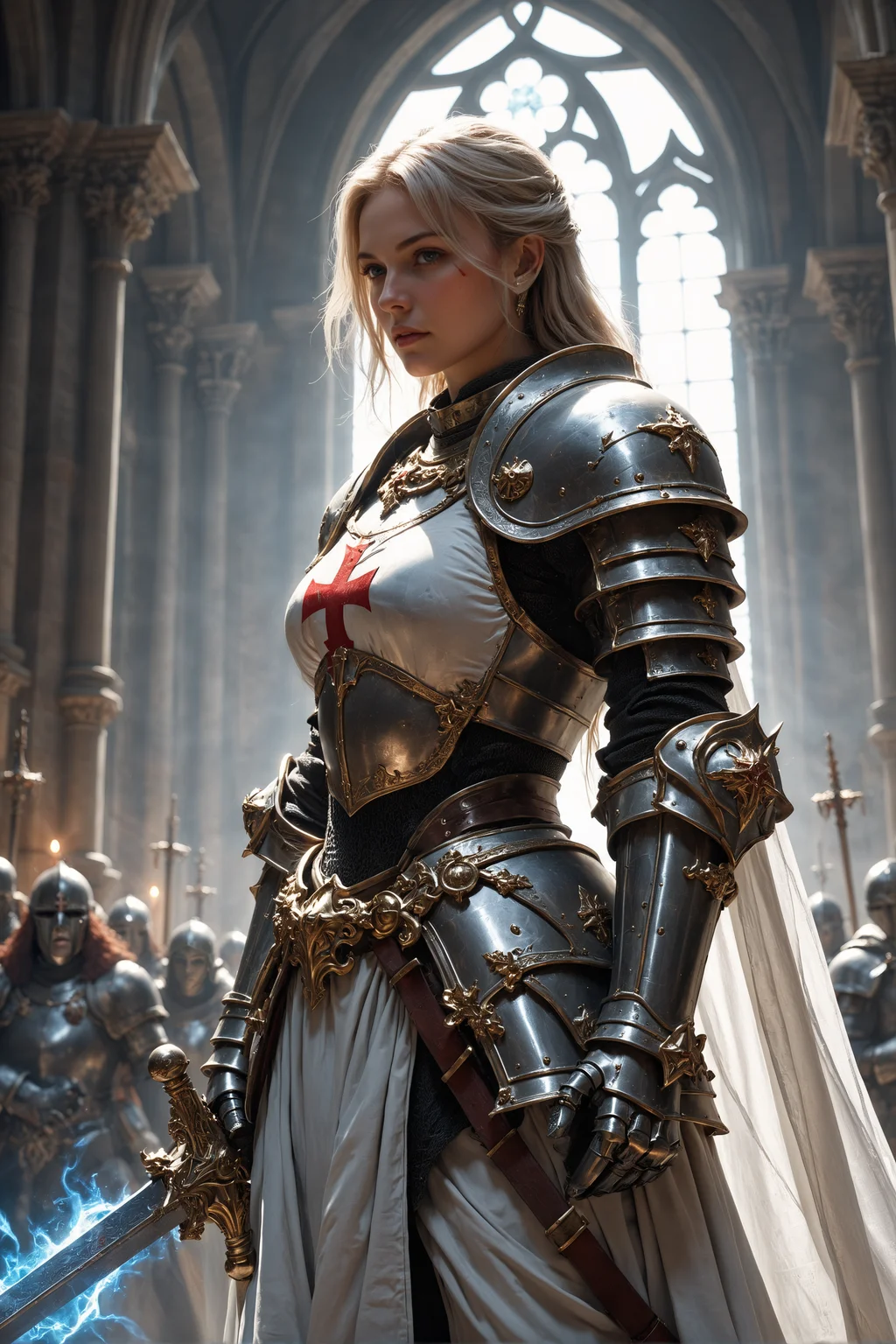 detailed photorealistic image, closeup portrait of female knight, white plated armor with white tabard red templar cross, holding large sword glowing blue with magical energy, standing in ray of sunlight inside medieval cathedral, directional lighting, masterpiece, perfect composition, perfect hands,