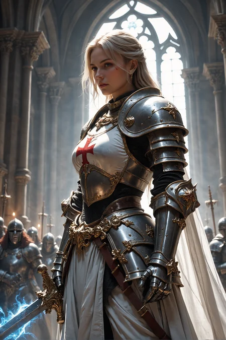 detailed photorealistic image, closeup portrait of female knight, white plated armor with white tabard red templar cross, holding large sword glowing blue with magical energy, standing in ray of sunlight inside medieval cathedral, directional lighting, masterpiece, perfect composition, perfect hands,