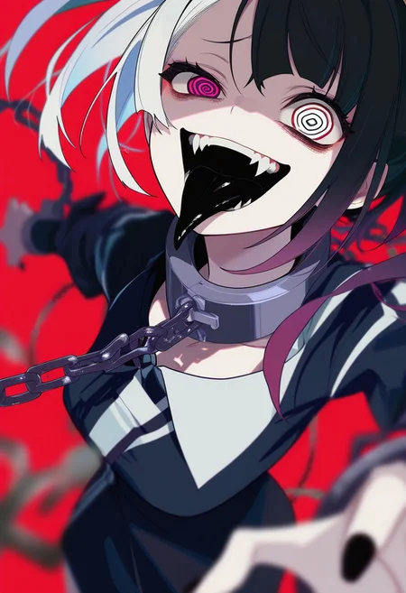 masterpiece, best quality, very aesthetic, high resolution, ultra-detailed, absurdres, newest, extremely detailed eyes, beautiful, perfect lighting, hi res, amazing quality, very awa, jui_sio, JUI_SIO, 
red background, simple background,
close up face,  from above, looking at viewer, staring, foreshortening, reaching towards viewer, 
(gesugao:1.2), (uneven eyes:1.3), 
1girl, solo,   gradient hair, white hair, black hair, heterochromia, @_@, crazy eyes, black eye, white eye,  multicolored eyes,  gradient eyes,  wide smile, crazy smile, fangs,  tongue out, black tongue,  
collared dress, metal collar with long chain, chained, asymmetrical bangs, pale skin, black nails, 
masterpiece, best quality, amazing quality,