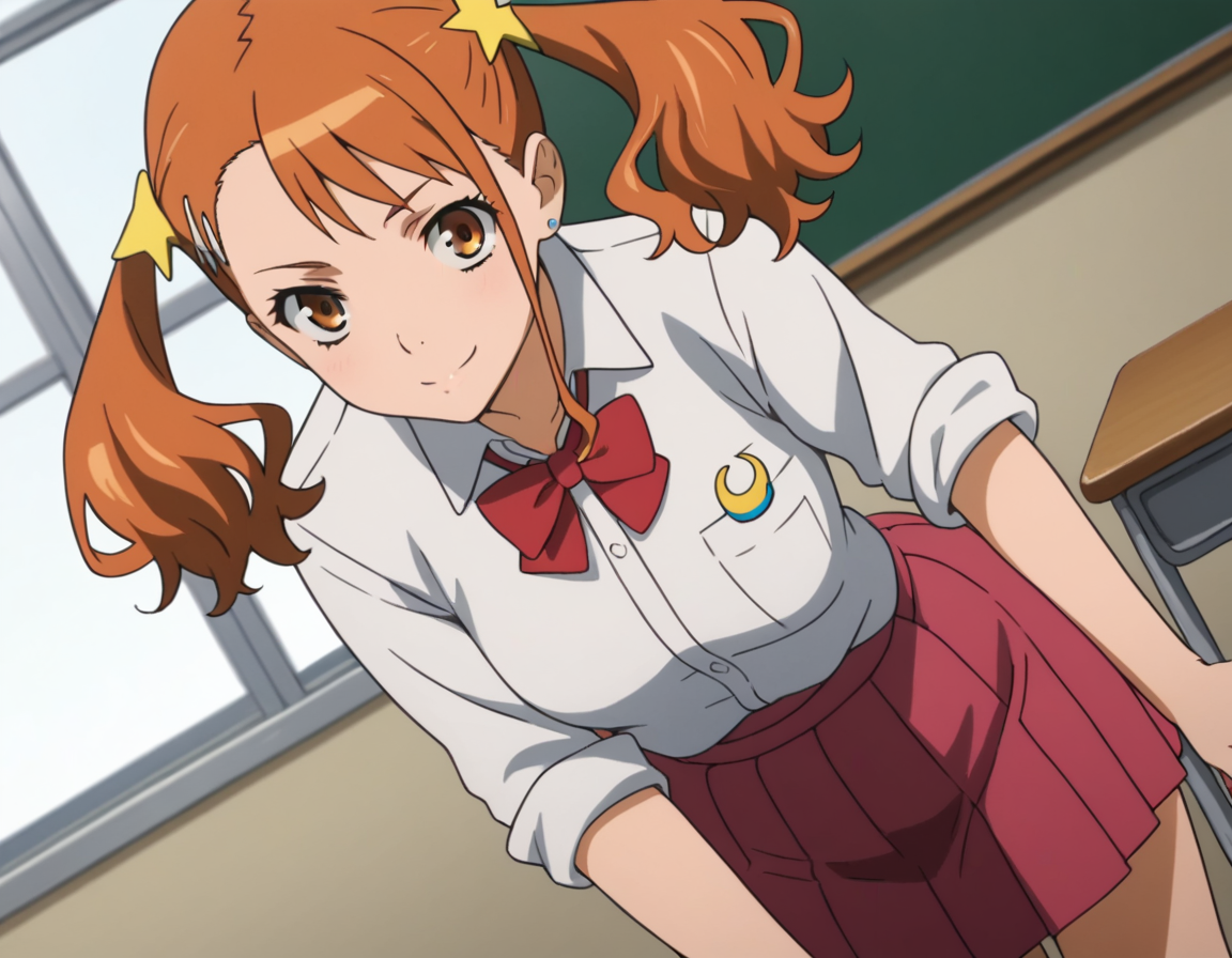 score_9, score_8_up, score_7_up, source_anime,
narukoanjou,  <lora:naruko-anjou-s1-ponyxl-lora-nochekaiser:1>,
naruko anjou, orange hair, twintails, brown eyes, hair ornament, star ornament, hair clip,
skirt, bow, school uniform, sleeves rolled up, red bowtie, shirt, white shirt, collared shirt, red skirt,
indoors, classroom, bent over, smile,
looking at viewer, solo, cowboy shot, dutch angle,