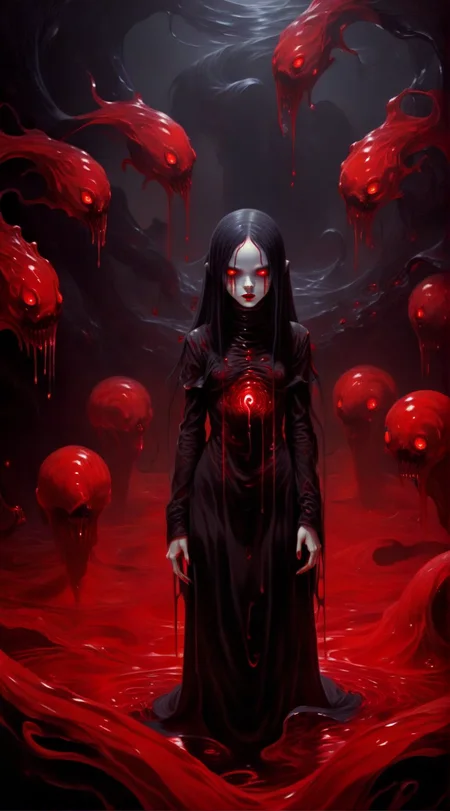 abycrimviso absurda In the depths of the scarlet, a dark and mysterious world unfolds, where a surreal death girl with eyes of liquid gold wanders, lost in the scarlet's enigmatic dreamscape surrealistic <lora:abycrimviso:1> <lora:absurda:1>